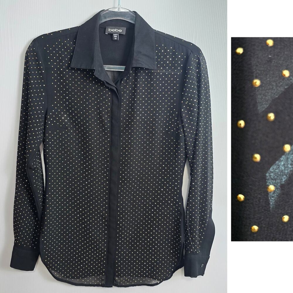 Bebe Sheer Black Mini Faceted Gold Studded Y2K Disco Party Blouse XS Glam Top